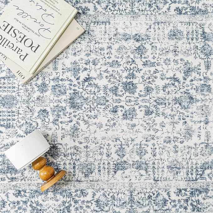 Navy Blue Area Rug 5x7 Machine Washable Vintage Living Room Distressed Non Slip - Image 3