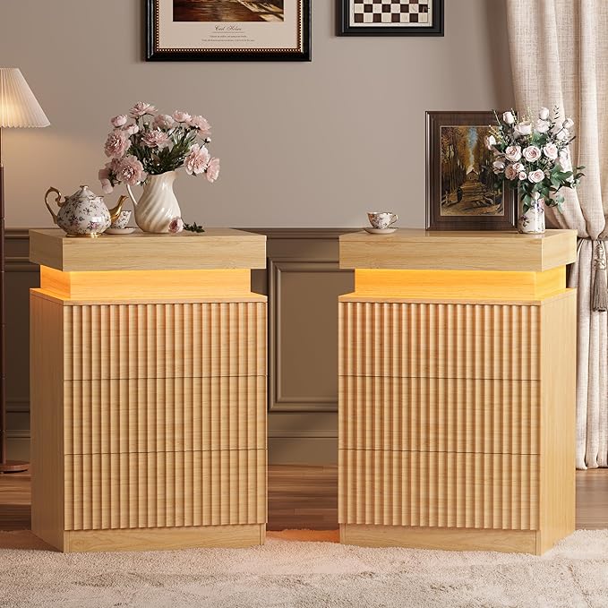 Nightstand Set of 2 for Bedroom, LED Nightstand by BOXACTION