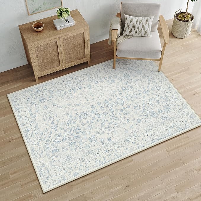 3x5 Blue Area Rug Non Slip Vintage Office Entryway Rug Distressed Machine by PureCozy