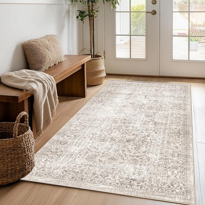 FMFUNCTEX 4x5 Washable Area Rug Neutral Vintage Beige Non Slip Low Pile - Image 6