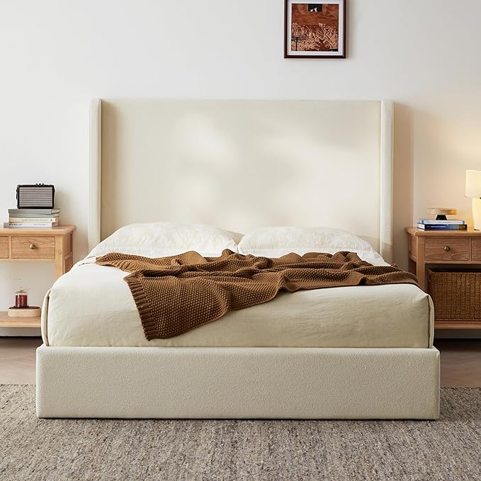 King Size Upholstered Bed Frame, 52.3" High Headboard Carmen Wingback Bed Frames by Unknown