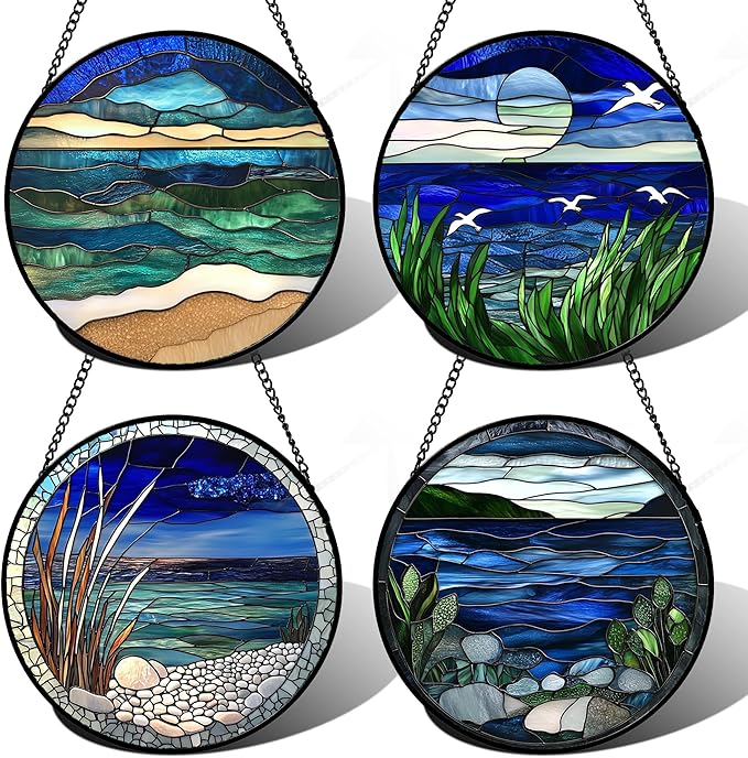 AMDERVEN Stained Glass Window Hanging 4 Pcs Set Navy Blue Ocean Landscape Large by amderven
