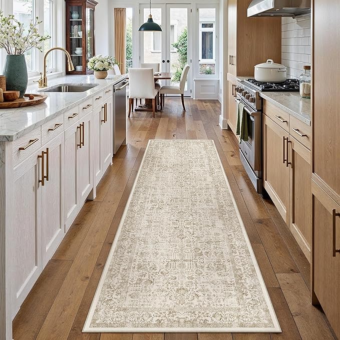 Light Brown Runner Rug 3x10 Hallway Machine Washable Kitchen Vintage Distressed - Image 6