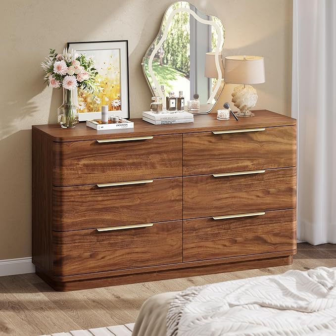 6 Drawer Dresser for Bedroom, Curved Profile Design, Wooden Walnut Dresser - Image 7
