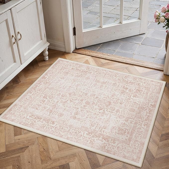 Pink Entryway Area Rug 2x3 Door Mat Machine Washable Kitchen Vintage Distressed by PureCozy