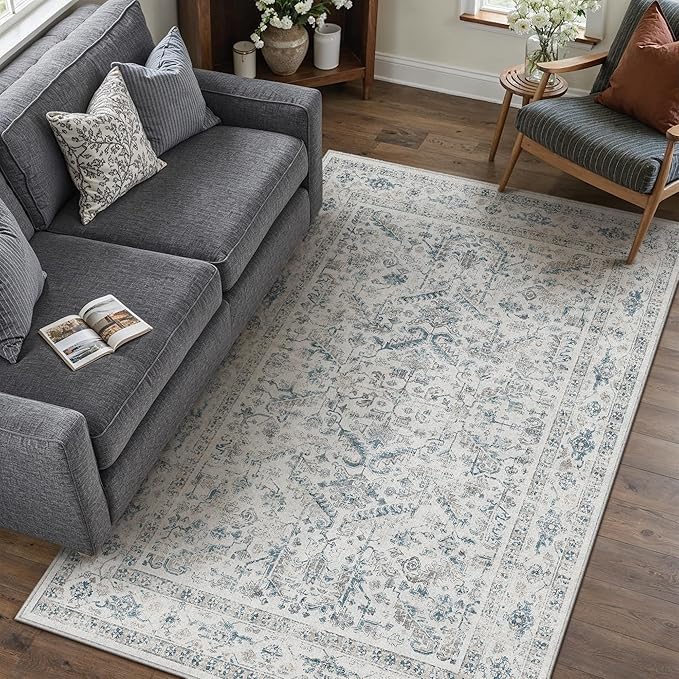 Blue 4x6 Entryway Rug Vintage Area Carpet Indoor Office Washable Door Mat by PureCozy