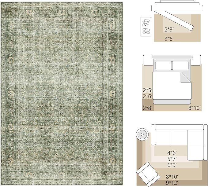 FMFUNCTEX 6x9 Washable Area Rug Green Vintage Neutral Distressed Large Non Slip - Image 2