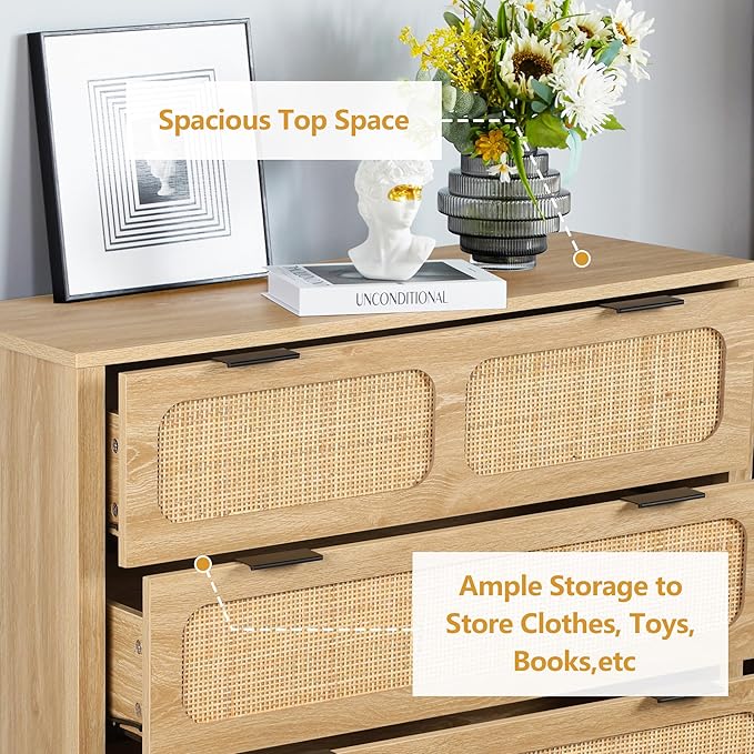 LEVNARY 5 Drawer Chest Dresser, Rattan Tall Dresser 5 Chest of Drawers Dressers - Image 5