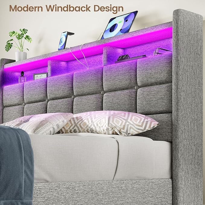 Lift Up Queen Bed Frame with Storage, Upholstered Bed Frame Queen Size with LED - Image 7