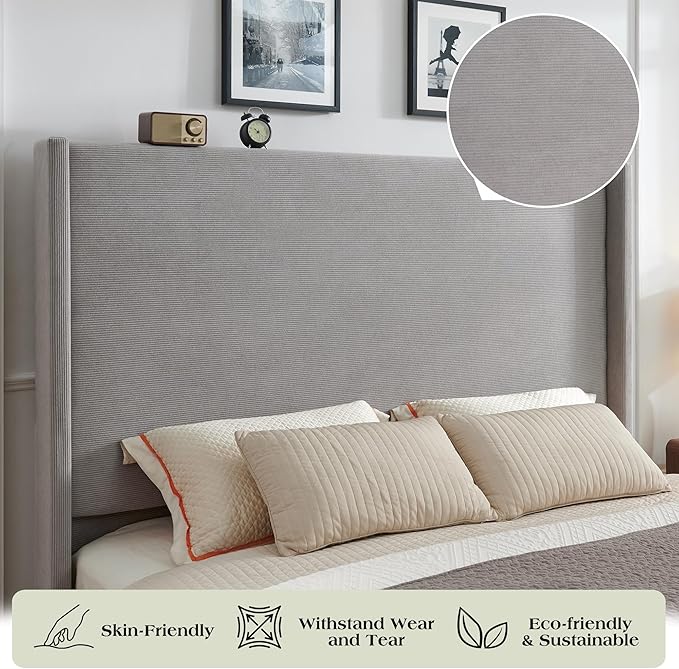 King Bed Frame with 65" Tall Headboard, Horizontal Fine Corduroy Bed Frame with - Image 4