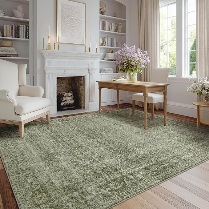 FMFUNCTEX 5x7 Washable Area Rug Green Neutral Vintage Distressed Non Slip Low by Fmfunctex