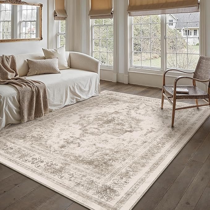 Area Rug 6x9 Beige Washable Living Room Carpet Non Slip Vintage Medallion by PureCozy