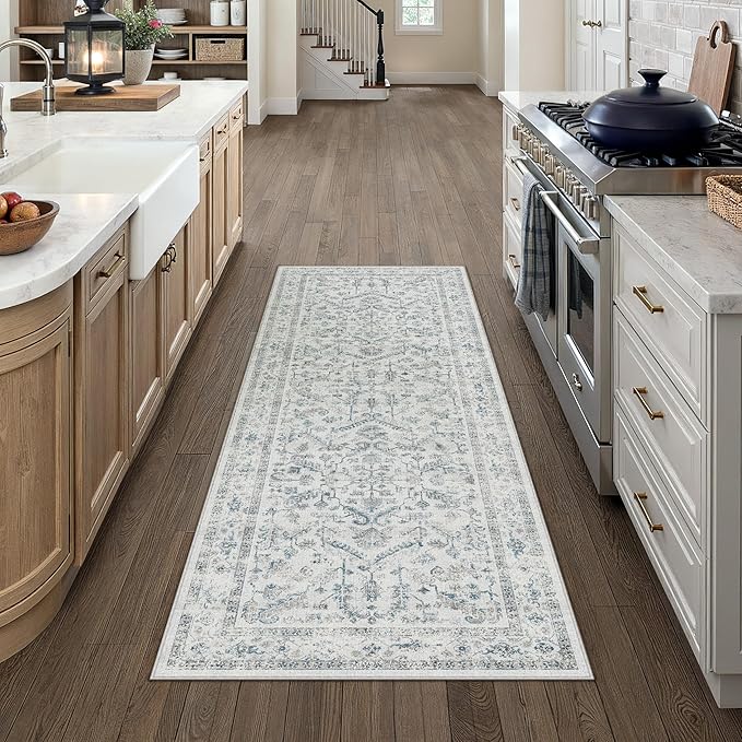 Blue 2x5 Runner Rug Vintage Area Carpet Hallway Indoor Kitchen Washable Low - Image 5