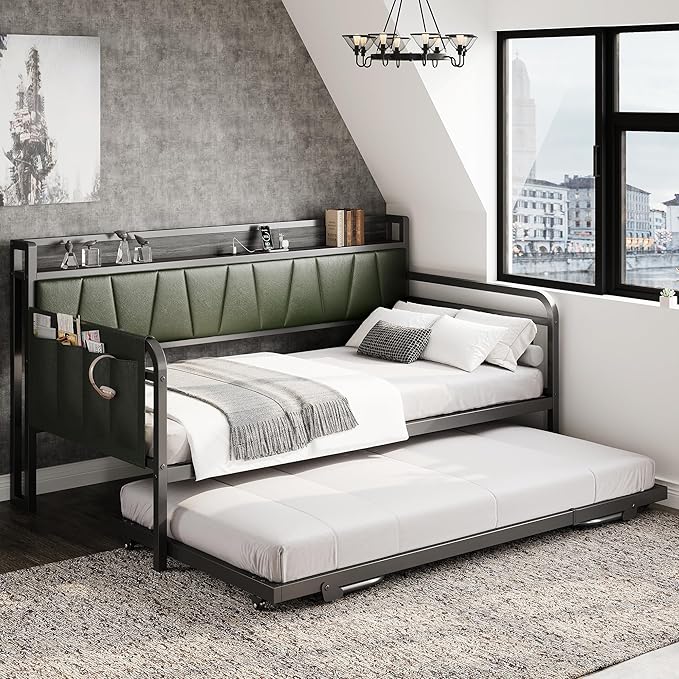 LIKIMIO Daybed with Trundle Bed, Twin Bed Frame with Storage Headboard and - Image 2