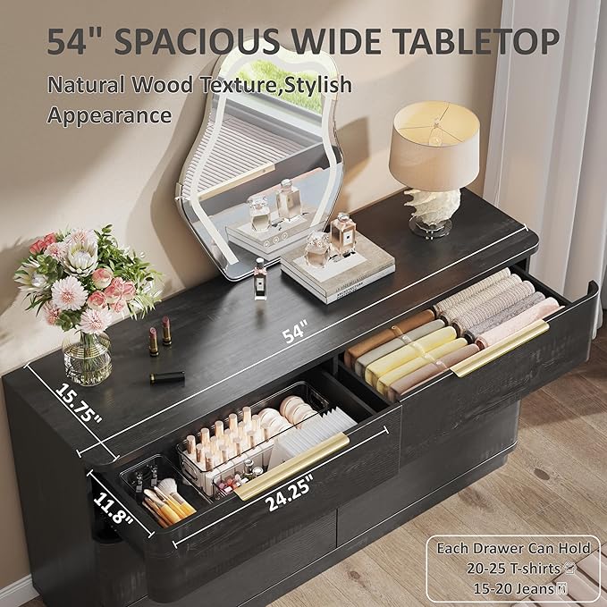 6 Drawer Dresser for Bedroom, Curved Profile Design, Wooden Black Dresser - Image 4