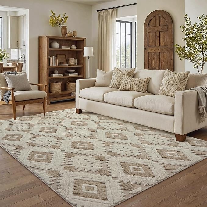 Ivory Brown 5x7 Area Rug Washable Living Room Moroccan Shag Carpet Non Slip by PureCozy