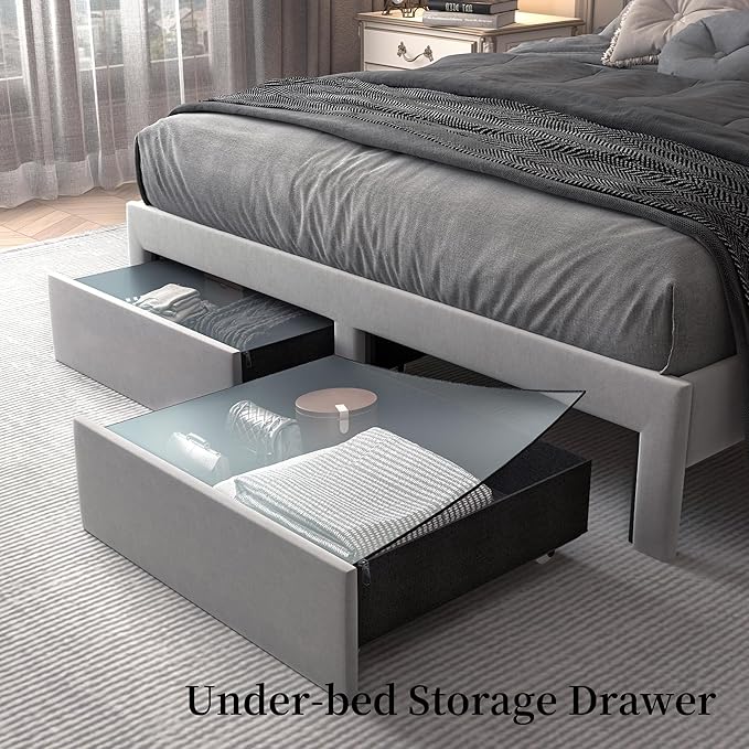 King LED Bed Frame with Storage Drawers, Velvet Upholstered Platform Beds with - Image 8