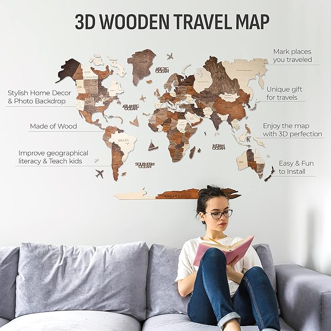 Handmade 3D Wood World Map Wall Art Large Wall Decor Track Your World Travels - Image 6