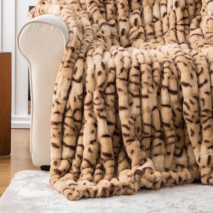 BATTILO HOME Luxury Ruched Faux Fur Throw Blanket Leopard Print, Double Side - Image 4