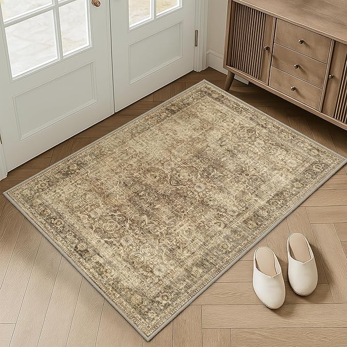 FMFUNCTEX Entryway Rug 2x3 Washable Brown Vintage Distressed Door Mat Non Slip by Fmfunctex