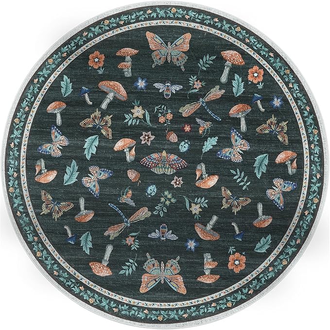 Mushroom Insect 4ft Round Rug Washable Non-Slip Soft Ultra-Thin Small Boho - Image 4