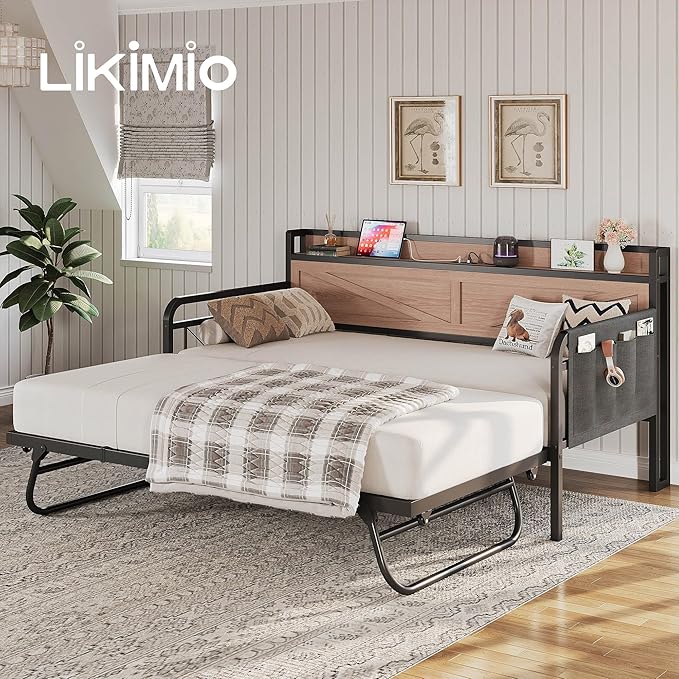 LIKIMIO Twin Daybed with Trundle Bed, Storage Headboard with Charging Station - Image 9