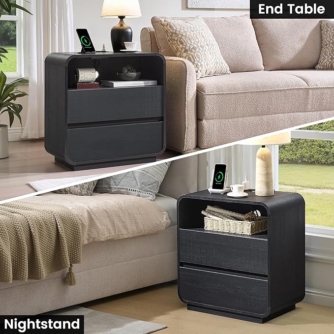 Curved Black Nightstand with Charging Station, Modern Bedside Table with 2 - Image 7