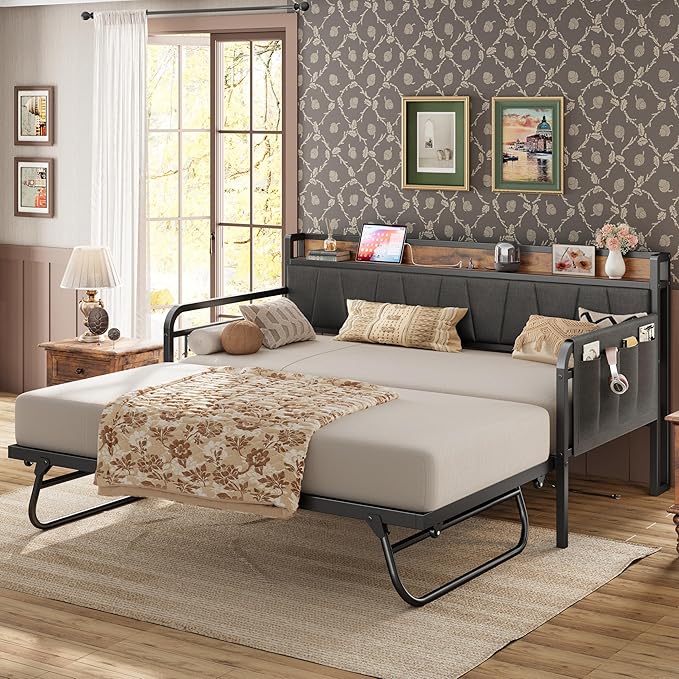 LIKIMIO Daybed with Trundle Bed, Twin XL Bed Frame with Storage Headboard and by LIKIMIO