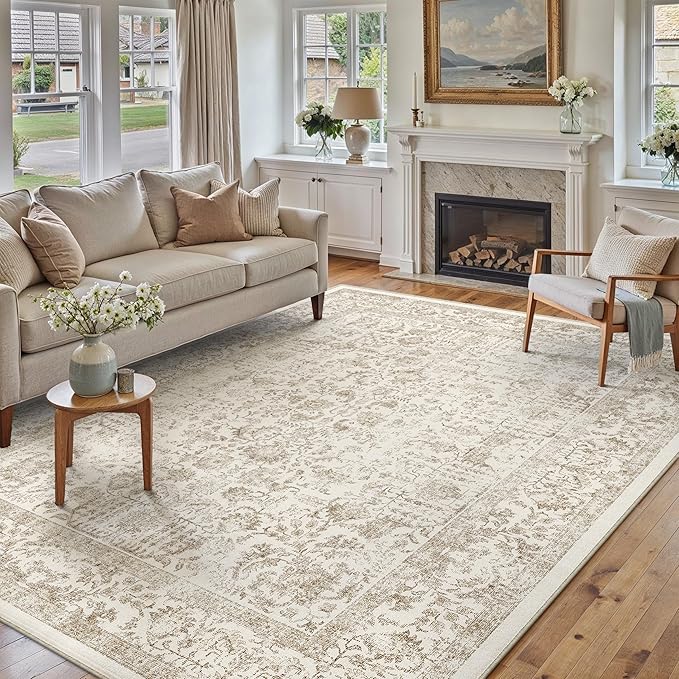Light Brown Area Rug 5x7 Machine Washable Vintage Living Room Distressed Non by PureCozy