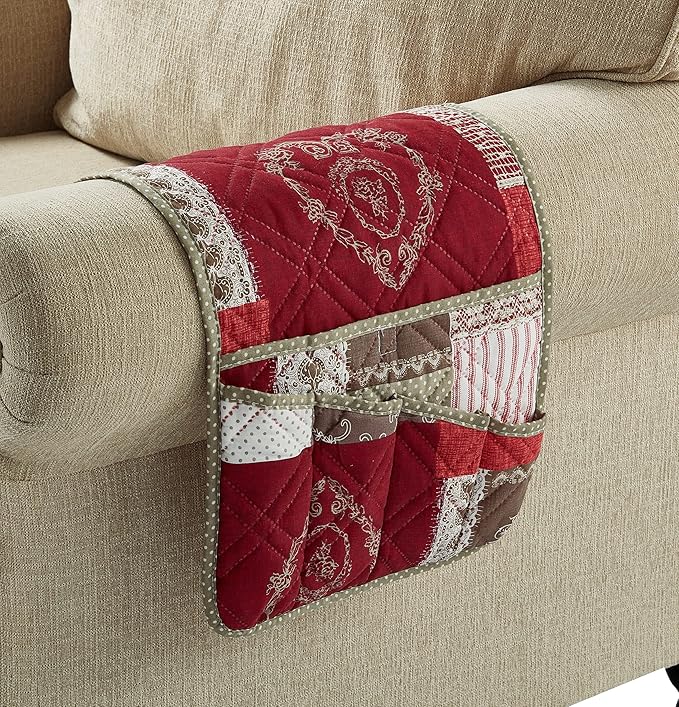 Brilliant Sunshine Burgundy Floral Patchwork Couch Armrest 5 Pockets Organizer - Image 6