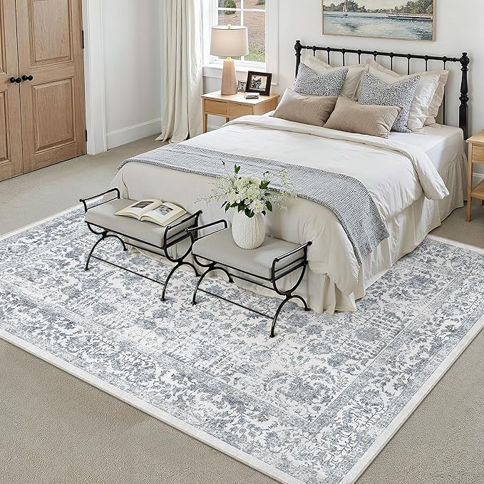 Navy Blue Area Rug 5x8 Machine Washable Vintage Living Room Distressed Non Slip - Image 2