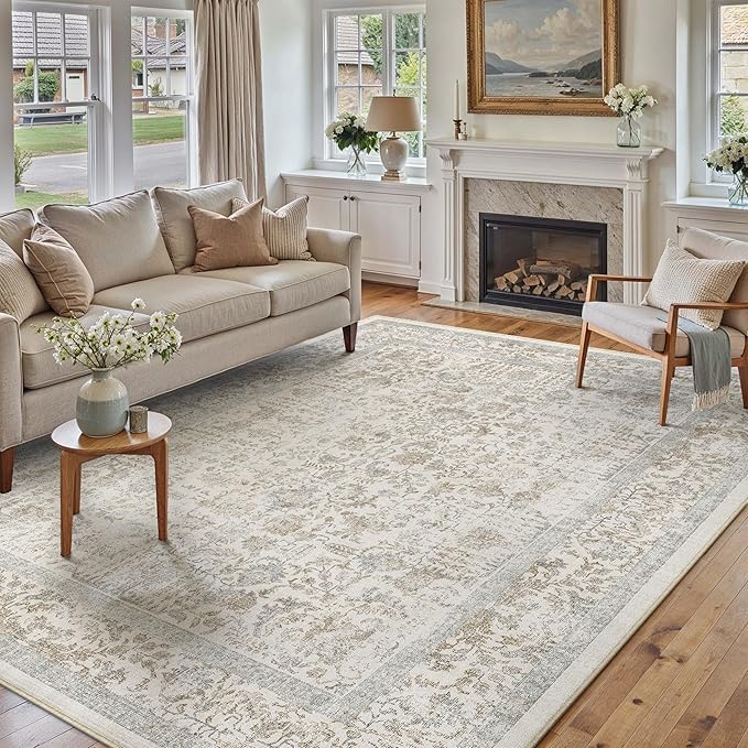 Taupe Area Rug 9x12 Machine Washable Large Vintage Living Room Distressed Non - Image 5