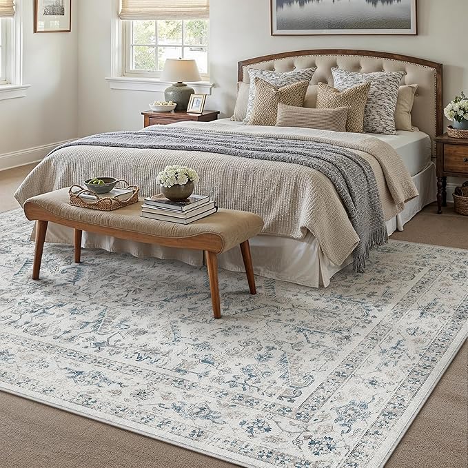 Blue 8x10 Area Rug Vintage Washable Living Room Carpet Non Slip Bedroom Indoor - Image 4