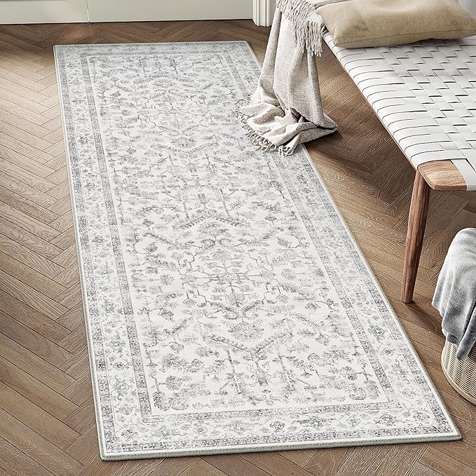 Grey 2x8 Runner Rug Vintage Area Carpet Hallway Indoor Kitchen Washable Low - Image 5