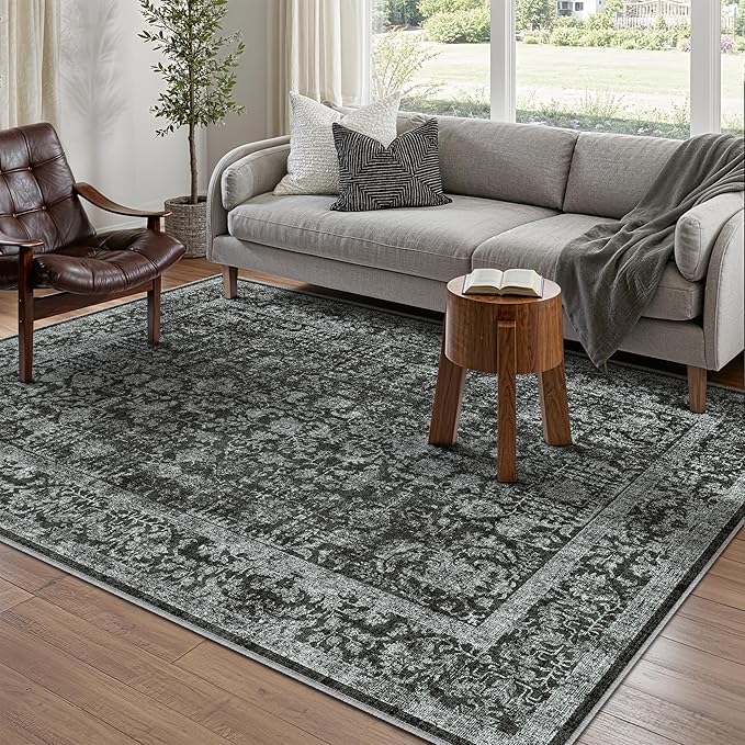 Dark Black Area Rug 6x9 Machine Washable Vintage Living Room Distressed Non - Image 5