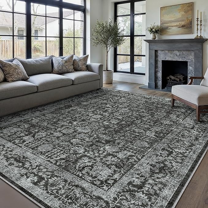 Dark Black Area Rug 8x10 Machine Washable Large Vintage Living Room Distressed - Image 5