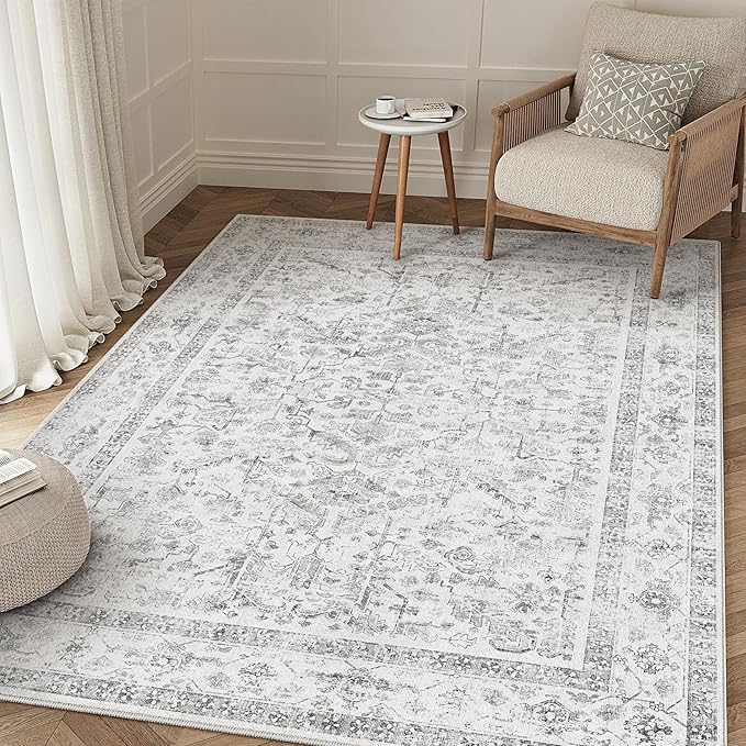 Grey 5x8 Area Rug Vintage Washable Living Room Carpet Non Slip Neutral Bedroom - Image 6