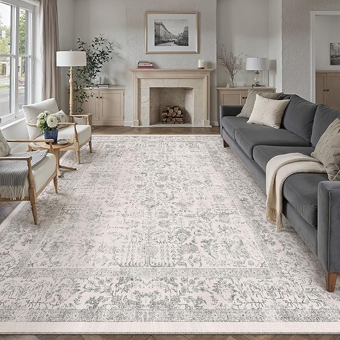 Gray Area Rug 10x12 Machine Washable Large Vintage Living Room Distressed Non by PureCozy