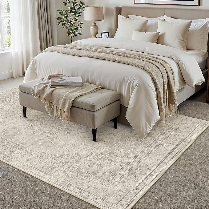 Beige 5x7 Area Rug Washable Vintage Carpet - Image 3