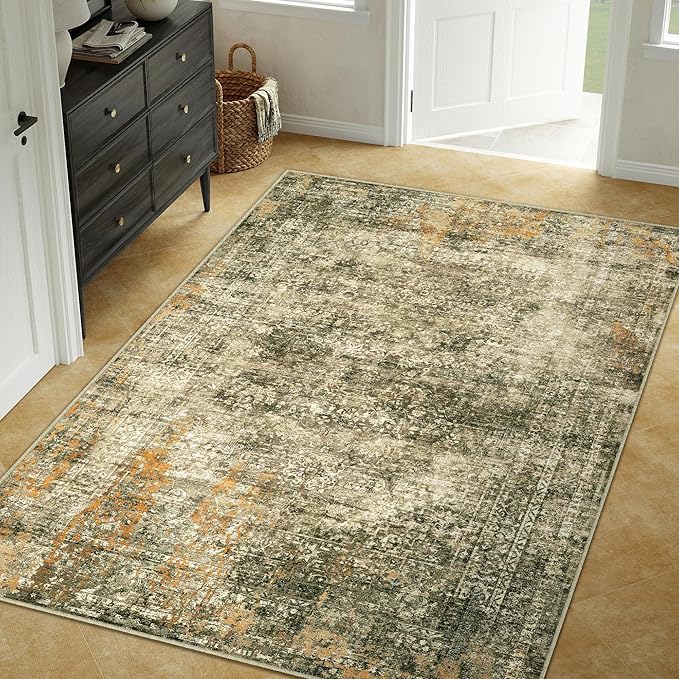 Area Rug 5x7 Brown Washable Non-Slip Lightweight Floral Vintage Distress Print - Image 6
