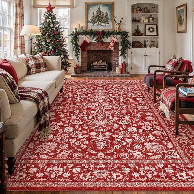 Christmas Area Rug 6x9 Red Washable Living Room Carpet Vintage Floral Holiday - Image 4