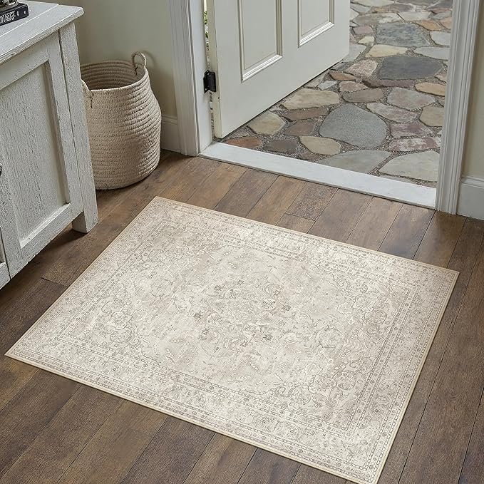 Beige 2x3 Area Rug Washable Vintage Small Carpet - Image 3