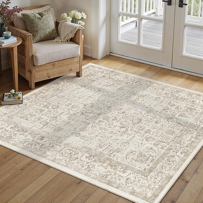 Light Brown Area Rug 4x5 Office Entryway Rug Machine Washable Kitchen Vintage by PureCozy