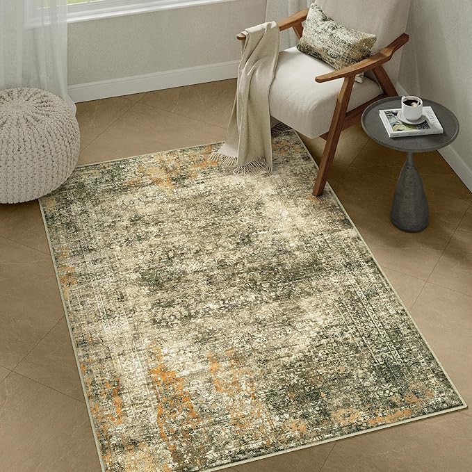 Area Rug 3x5 Brown Washable Non-Slip Lightweight Floral Vintage Distress Print by PureCozy