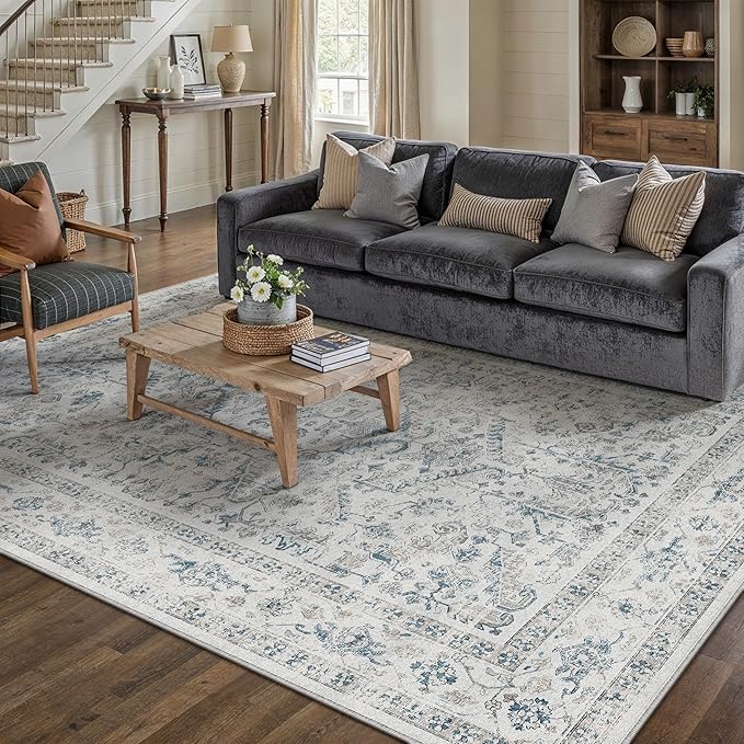 Blue 5x7 Area Rug Vintage Washable Living Room Carpet Non Slip Bedroom Indoor - Image 3