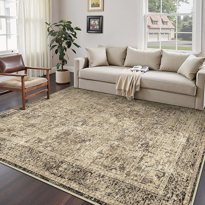 6x9 Area Rug Washable Vintage Neutral Living Room Carpet Large Indoor Non Slip by PureCozy