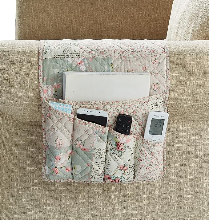 Brilliant Sunshine Rose and Sage Patchwork Sofa Armrest 5 Pockets Organizer by BrilliantSunshine