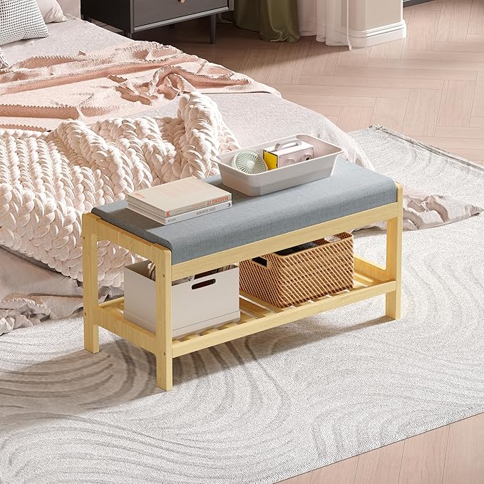 Shoe Bench Entryway, Solid Wood 2-Tier Shoe Rack Bench - Image 9