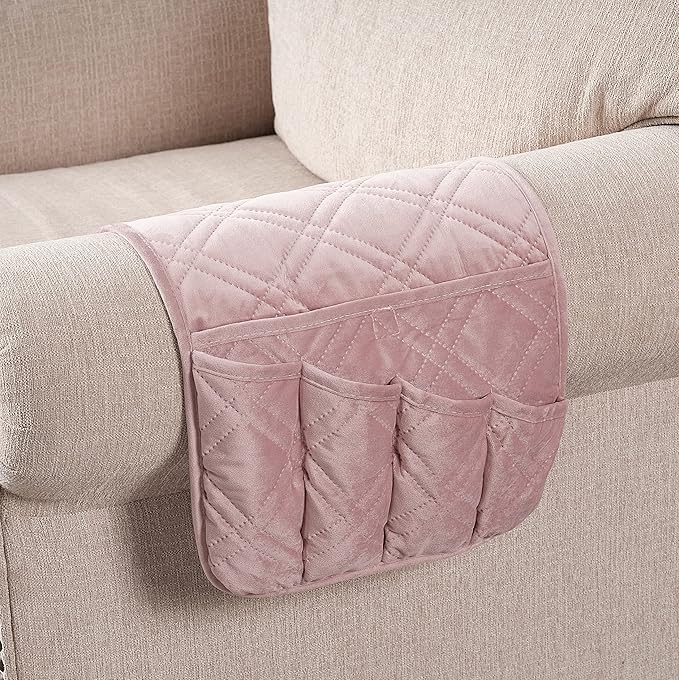 Brilliant Sunshine Pink Velvet Couch Sofa Armrest 5 Pockets Organizer, Slip - Image 8
