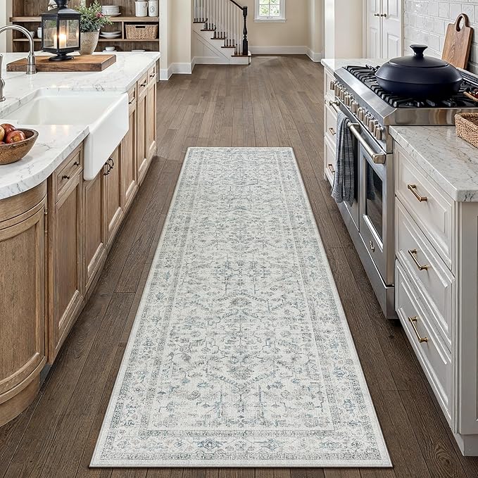 Blue 2x8 Runner Rug Vintage Area Carpet Hallway Indoor Kitchen Washable Low - Image 5